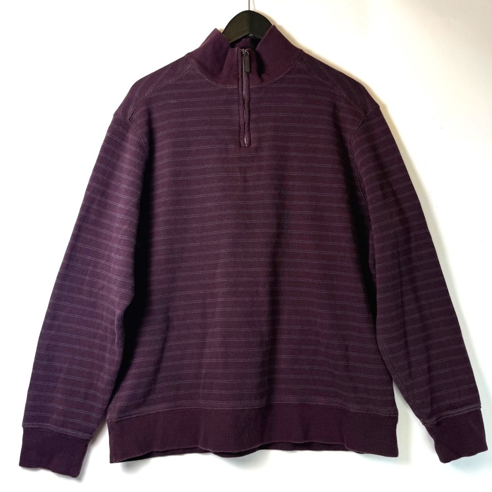 Tasso‎ Elba Mens Quarter Zip Sweater Purple Striped 100% Cotton Pullover Large